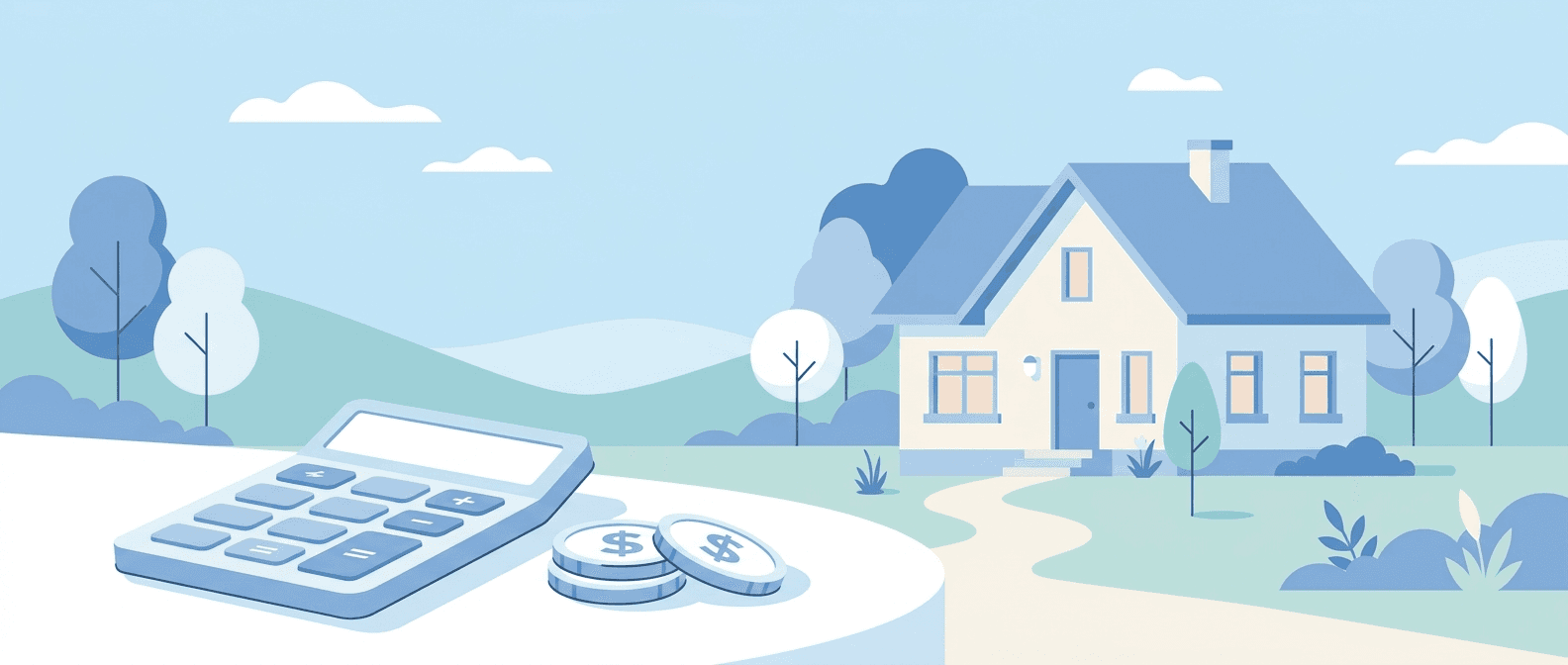 Illustration of a house and calculator representing monthly mortgage payment calculation