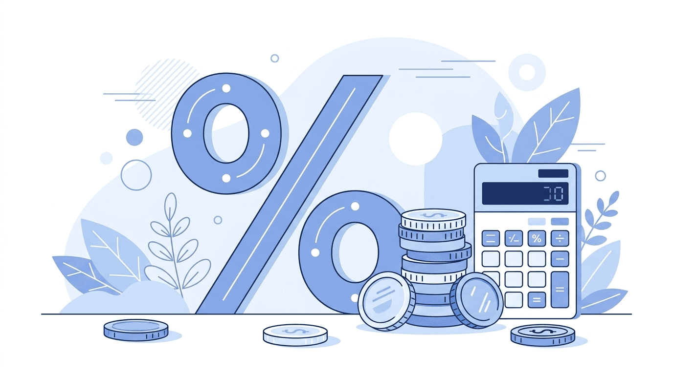 Illustration of a percent symbol and calculator representing percentage calculation methods